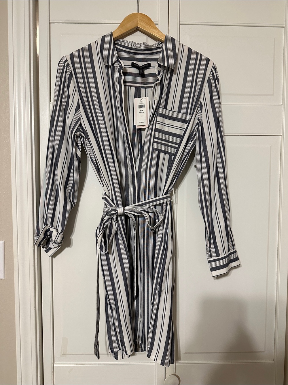 Banana Republic Navy and White Striped Long Sleeve Shirt Dress